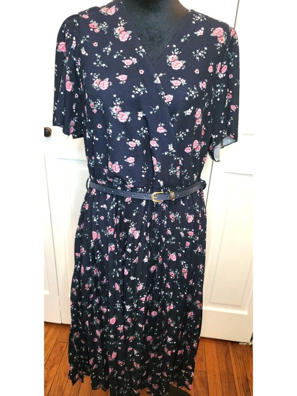 Lark Grey Blue Pink Rose Print Faux Wrap Dress Pleated Midi Belt XL Cottage Twee